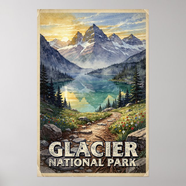 Akvarell Glacier National Park Retro Poster (Framsidan)