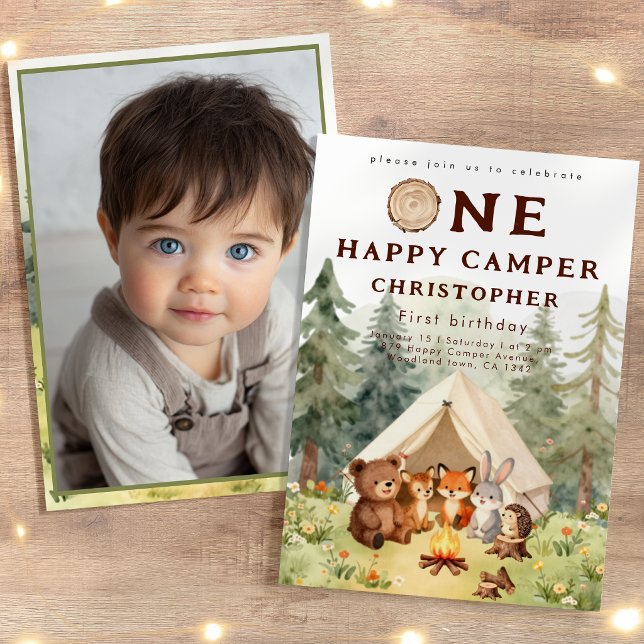 Akvarell Glad Campare 1-års Födelsedagsfoto Inbjudningar (Watercolor Happy Camper 1st Birthday Photo Invitation)
