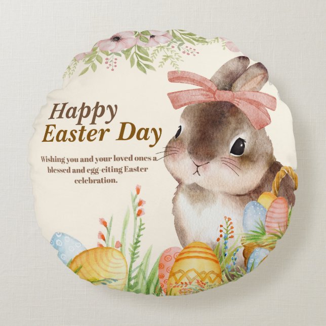 Akvarell Glad påsk dag Blomsterkanin med band Rund Kudde (Framsidan)
