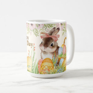 Akvarell Glad påskdag Blomster Kanin med band Kaffemugg