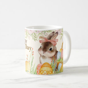 Akvarell Glad påskdag Blomster Kanin med rosett Kaffemugg