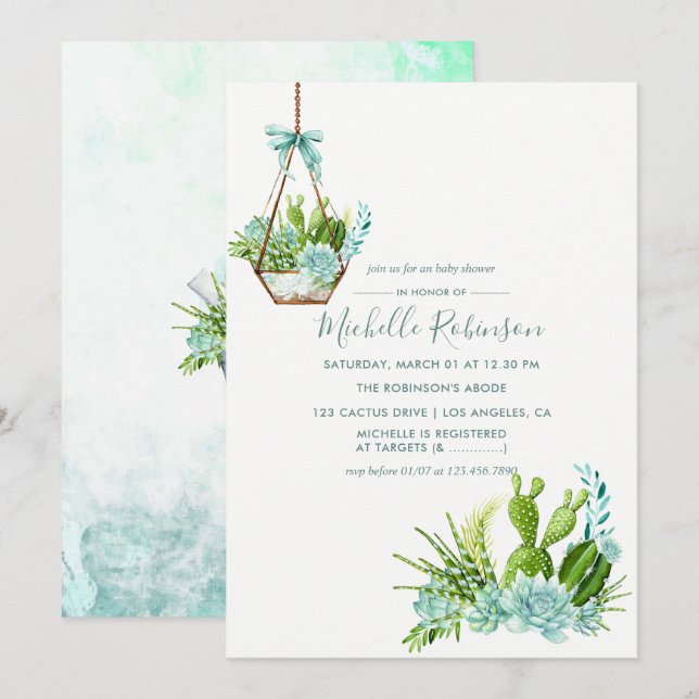 Akvarell Glas Terrarium Sukkulenter Baby Shower Inbjudningar (Fram/baksida)