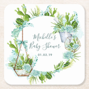 Akvarell Glas Terrarium Sukkulenter Baby Shower Underlägg Papper Kvadrat