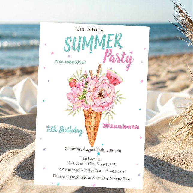 Akvarell Glass Blommig Sommar Födelsedagsfest Inbjudningar (Skapare uppladdad)