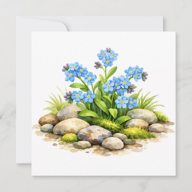 Akvarell Glem Mig Ej Blommor vid Klipporna Kort (Framsida)