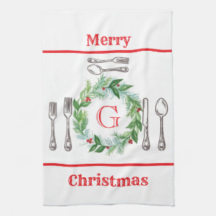 Akvarell God Jul Krans MONOGRAM Bestick Kökshandduk
