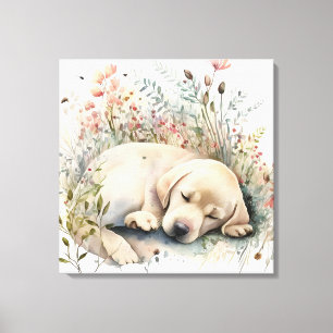 Akvarell Golden Labrador Retriever och blommor Canvastryck