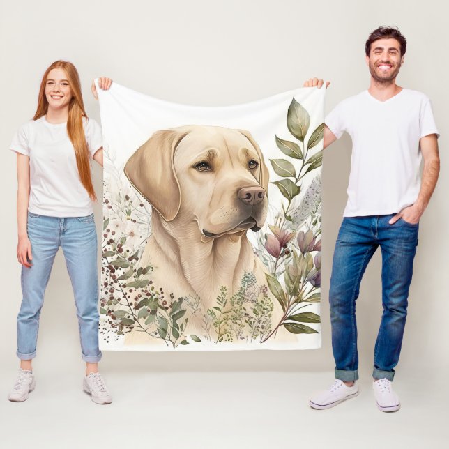 Akvarell Golden Labrador Retriever och blommor Fleecefilt (På plats)