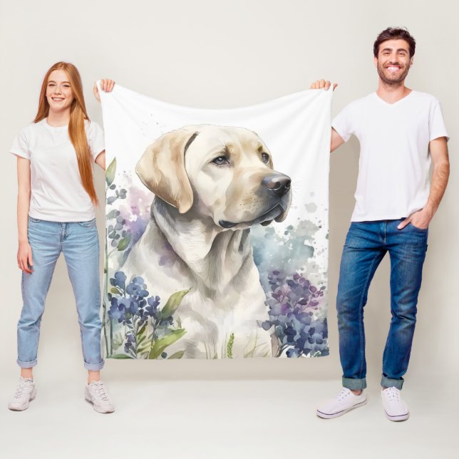 Akvarell Golden Labrador Retriever och blommor Fleecefilt (På plats)