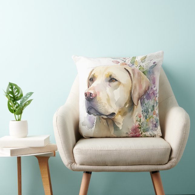 Akvarell Golden Labrador Retriever och blommor Kudde (Stol)