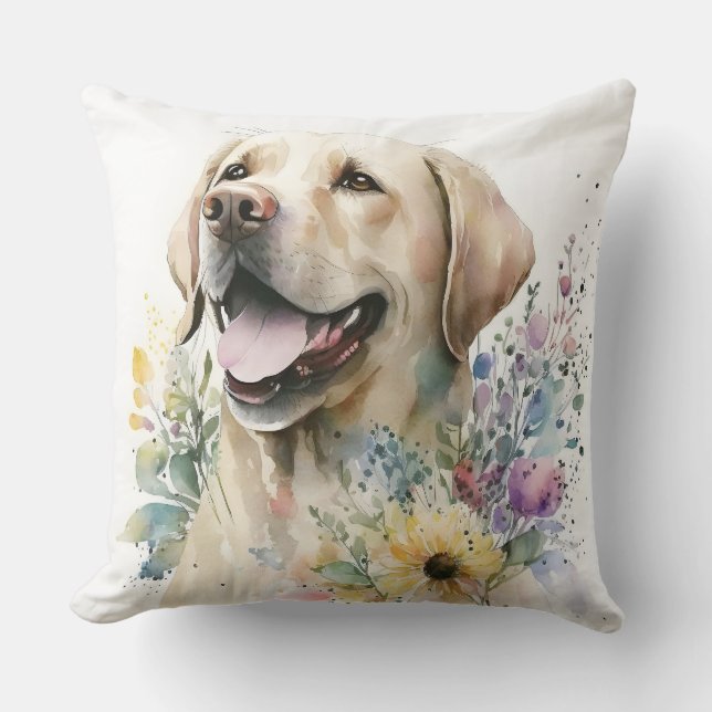 Akvarell Golden Labrador Retriever och blommor Kudde (Framsida)