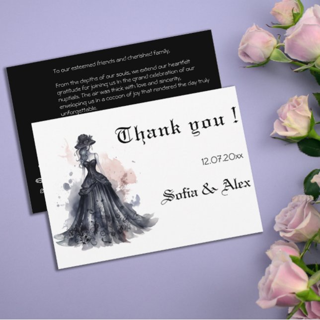 Akvarell gotisk svart bröllopsklänning spara datum tack kort (Watercolor goth black dress wedding save the date thank you card.)