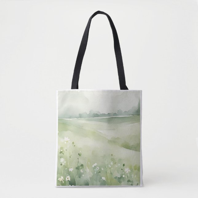 Akvarell Grön Äng Landskapsvildblomma Totebag  Tygkasse (Framsida)