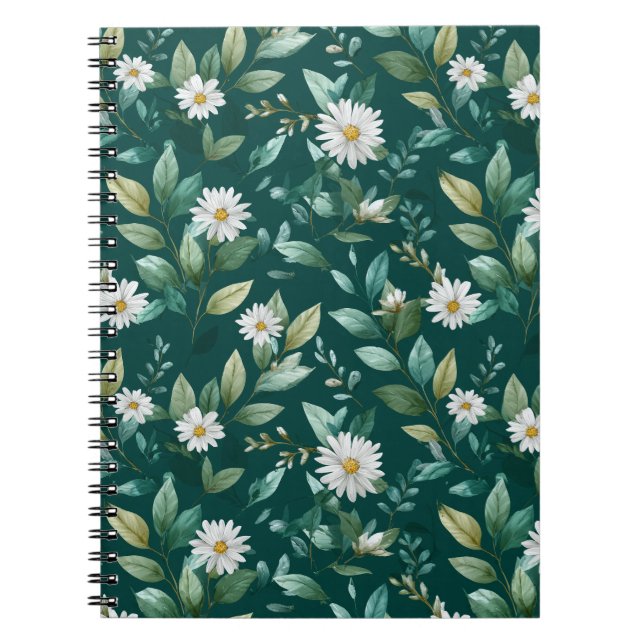 Akvarell Grön Blad Vit Blommig Mönster Anteckningsbok (Framsidan)