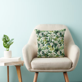 Akvarell Grön Blad Vit Blommig Mönster Kudde