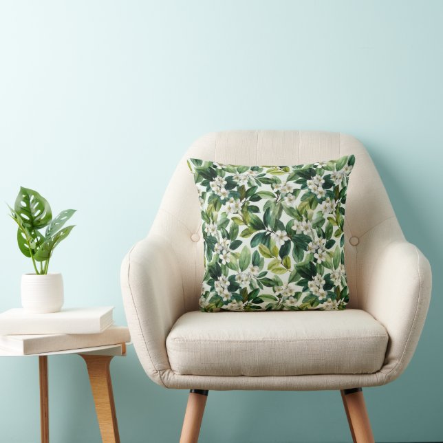 Akvarell Grön Blad Vit Blommig Mönster Kudde (Stol)