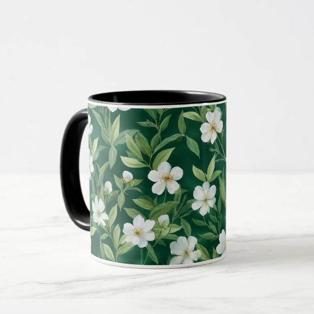 Akvarell Grön Blad Vit Blommig Mönster Mugg (Framsida vänster)