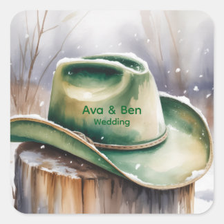 Akvarell Grön Cowboyhatt i Snö Bröllop Fyrkantigt Klistermärke