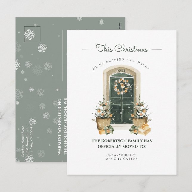 Akvarell Grön dörr Vinter Ny Hem Annonsering Helg Vykort (Fram/baksida)