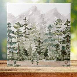 Akvarell Grön Tallskog på Berg Kakelplatta