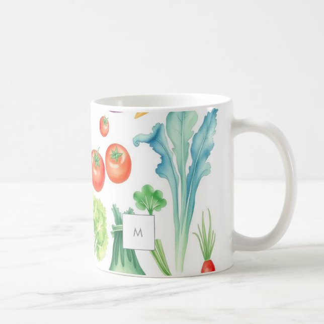 Akvarell grönsaker grönsaksmönster monogram kaffemugg (Höger)