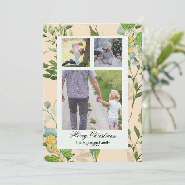 Akvarell Grönska & bär 3 Foto Jul Julkort (Stående Fram)