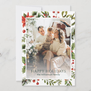 Akvarell Grönska Blommig Familjefoto Jul Julkort
