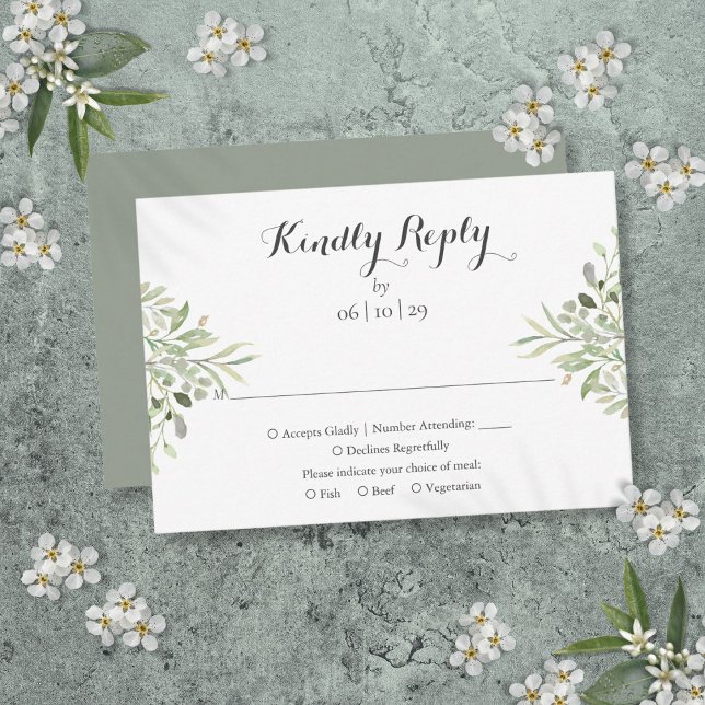 Akvarell Grönska Elegant Skript Bröllop OSA Kort (Watercolor Greenery Elegant Script Wedding RSVP Card)