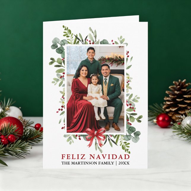 Akvarell Grönska Glad Jul Röd Slinga Vik Helgkort (Customize to add text to inside of card.)