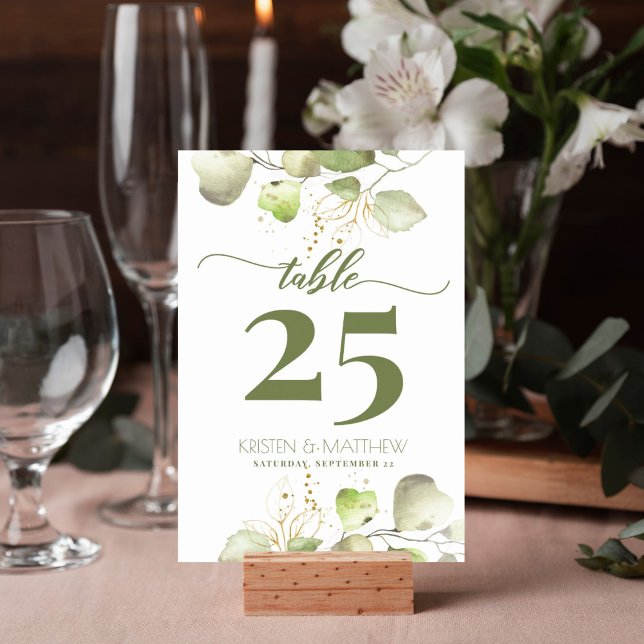 Akvarell Grönska Guld Blommig Elegant Bröllop Bordsnummer (Greenery watercolor gold foliage design table number card is perfect for your wedding reception.)