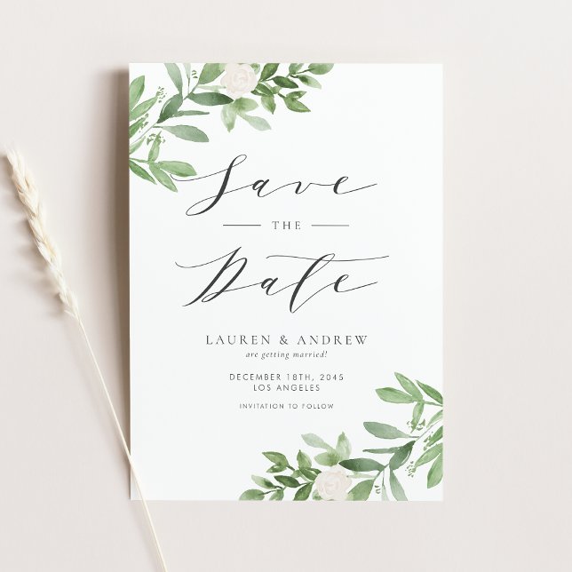 Akvarell Grönska och Vit Blomma Spara Datum Meddelande Vykort (Watercolor Greenery and White Flowers Save The Date Announcement Postcard)
