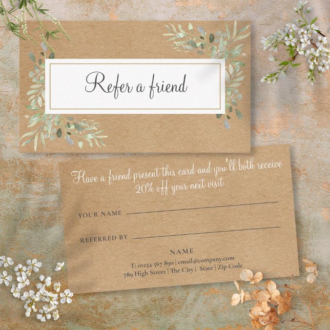 Akvarell Grönska Rustik Kraftpapper Rabattkort (Watercolor Greenery Rustic Kraft Referral Card)