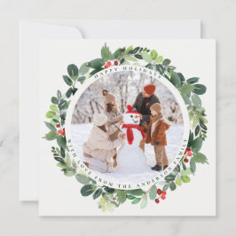 Akvarell Grönskande Krans Familjefoto Jul Julkort