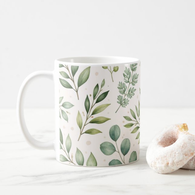 Akvarell Grönskande Mönster | Botaniska blad Kaffemugg (Med munk)