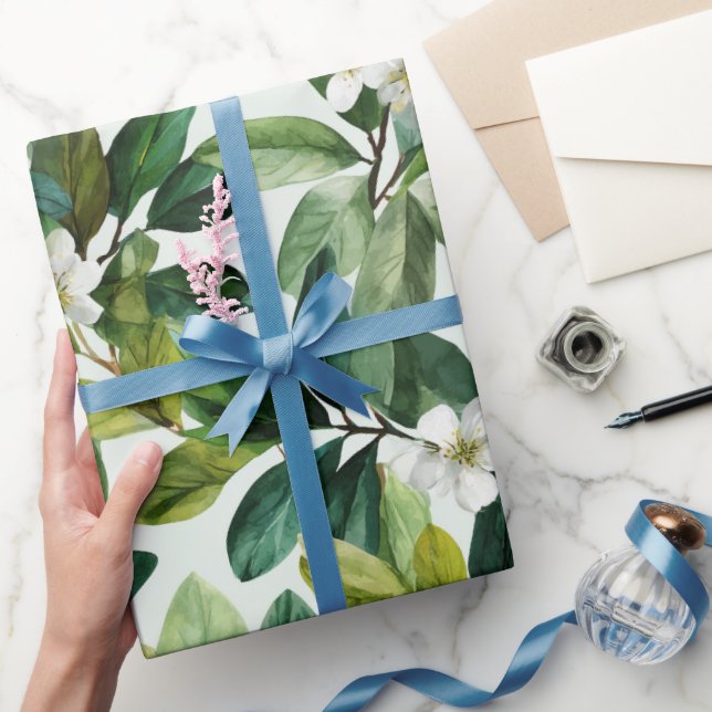 Akvarell Grönt Blad Vitt Blommönster Presentpapper (Gifting)