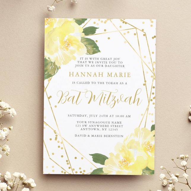 Akvarell Gul Blommig Guld Bat Mitzvah Inbjudningar (Skapare uppladdad)