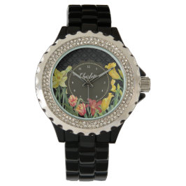 Akvarell Gul Orange Vårblommor Damask Armbandsur