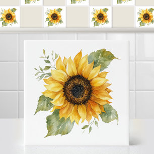Akvarell Gul Solros Bleknad Tournesol Blomma Kakelplatta