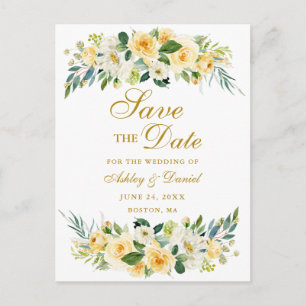 Akvarell Gul Vit Blommig Guld Save the Date Meddelande Vykort