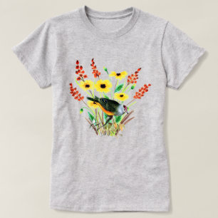 Akvarell Gula Blommor med Fågel Grå T Shirt