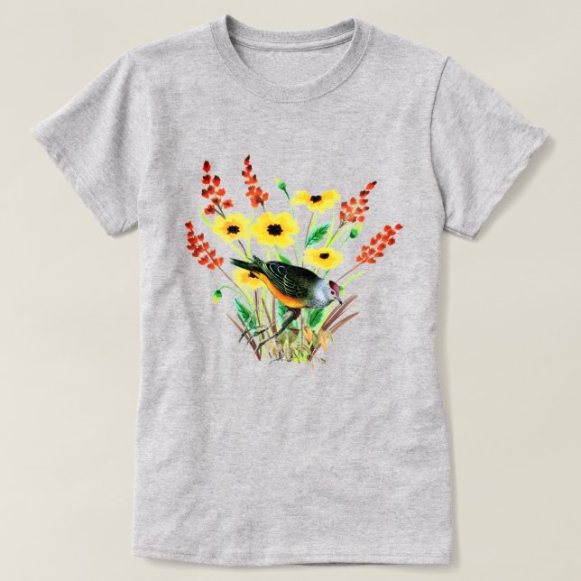 Akvarell Gula Blommor med Fågel Grå T Shirt (Design framsida)