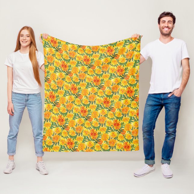 Akvarell Gula och Orange Marigold Typ Blommor Fleecefilt (På plats)