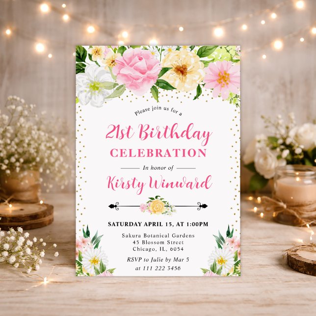 Akvarell Gula och Rosa Blommor 21-årsdag Inbjudningar (Skapare uppladdad)