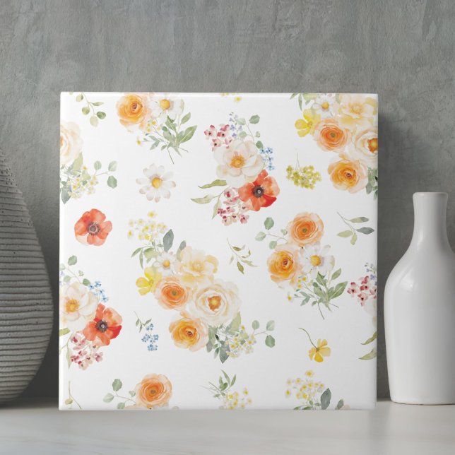 Akvarell Gula Orange Blommor Blommönster Kakelplatta (Skapare uppladdad)