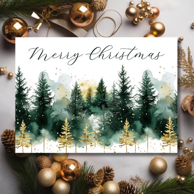 Akvarell Guld Grön Skog God Jul Julkort (Skapare uppladdad)