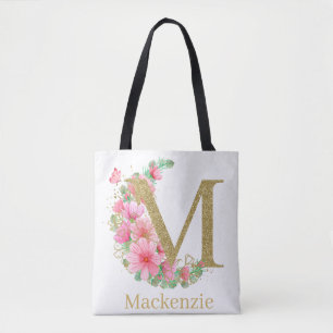 Akvarell Guld och Blommig Monogram Bokstav M Tygkasse