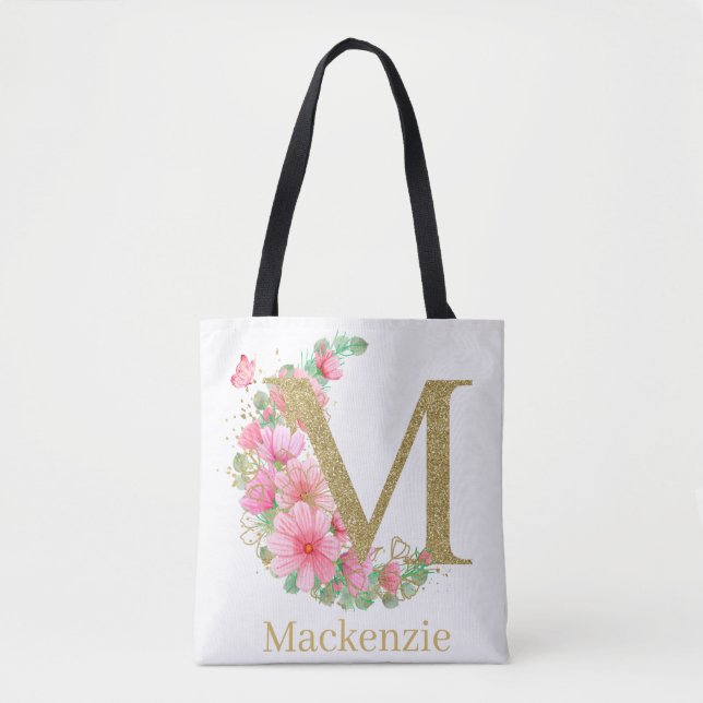 Akvarell Guld och Blommig Monogram Bokstav M Tygkasse (Framsida)