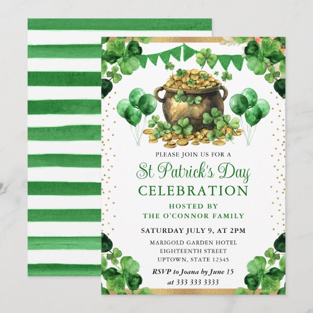 Akvarell Guldskål St Patricks dag Inbjudningar (Fram/baksida)