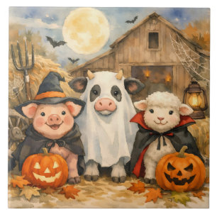 Akvarell Halloween gårdsdjur vid ladugården Kakelplatta