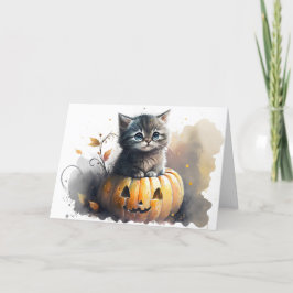 Akvarell Halloween Kittel i en Jack-o-lantern Helgkort